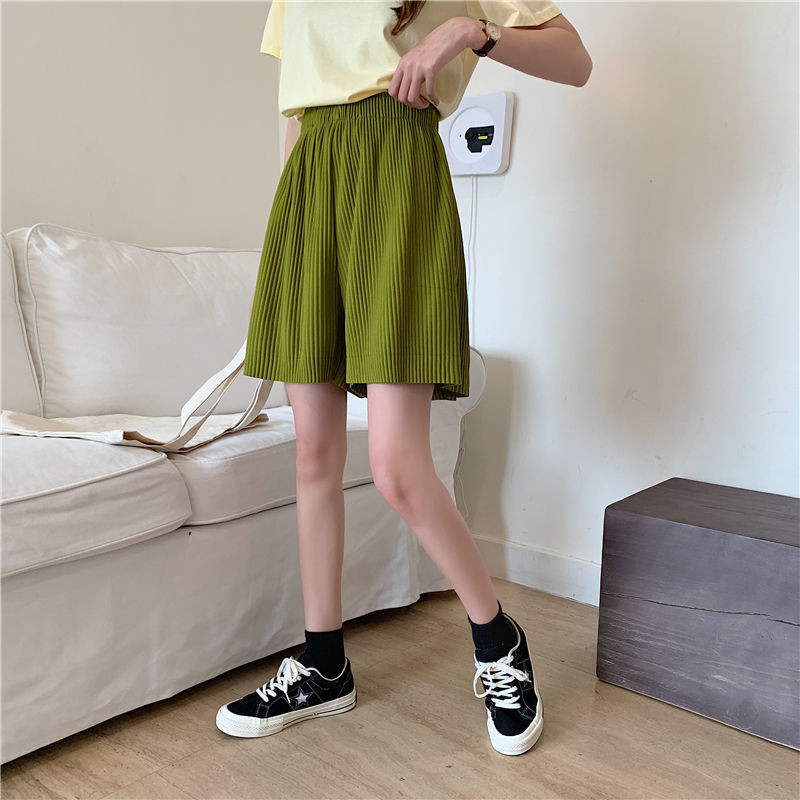 Pantaloni scurți de vară cu picioare largi Femei 4 Culori uni Pantaloni scurți casual Femei A-line elastic cu talie înaltă Scurt Negru Simplu Pantaloni scurti plisați