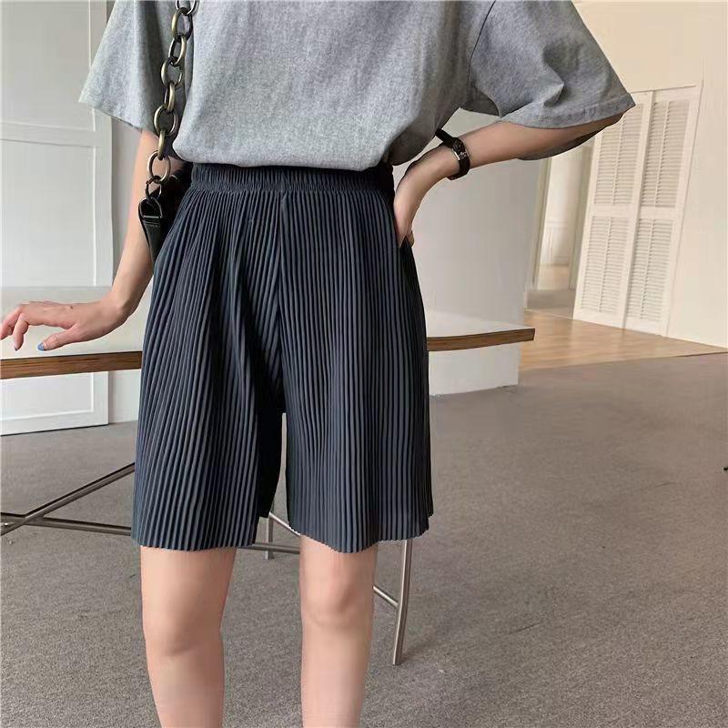 Pantaloni scurți de vară cu picioare largi Femei 4 Culori uni Pantaloni scurți casual Femei A-line elastic cu talie înaltă Scurt Negru Simplu Pantaloni scurti plisați