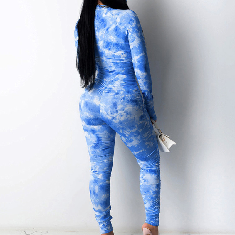 Sexy priliehavý overal s dlhým rukávom, batikované body s výstrihom do V a zipsom, elegantný, po celej dĺžke, polyester, spandex, nový rok 2020