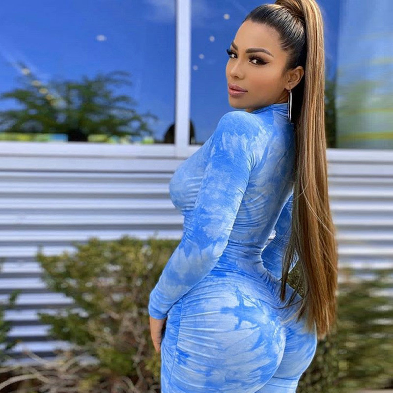 Sexy priliehavý overal s dlhým rukávom, batikované body s výstrihom do V a zipsom, elegantný, po celej dĺžke, polyester, spandex, nový rok 2020