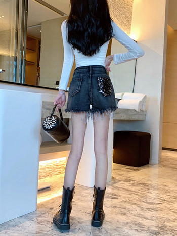 Feynzz 2022 Τζιν Σορτς Γυναικείο Καλοκαίρι Νέα Κορεάτικη Έκδοση Slim Fit πούλιες Μαύρη τρύπα ψηλόμεσο τζιν παντελόνι με φαρδύ πόδι Γυναικεία