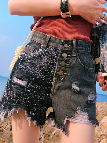 Feynzz 2022 Дънкови къси панталони Дамски летни нови корейски версии Slim Fit пайети Черна дупка Висока талия Дънкови широки панталони Дамски