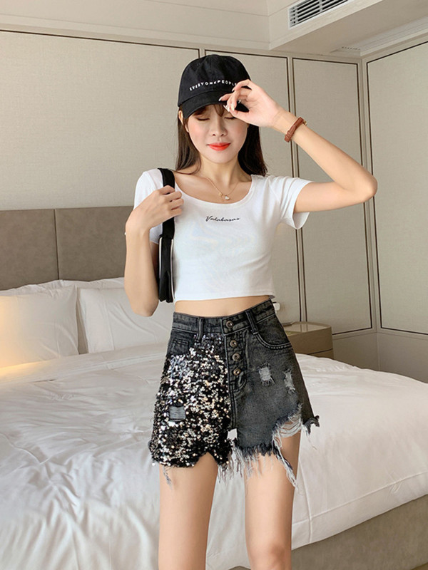 Feynzz 2022 farmer rövidnadrág női nyár új koreai változat karcsúsított flitterek fekete lyuk magas derekú farmer széles szárú nadrág női