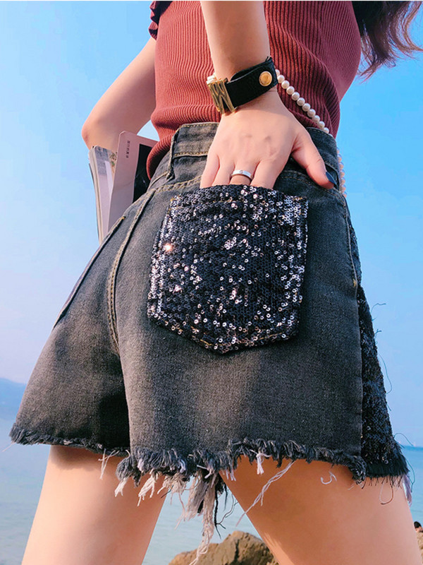 Feynzz 2022 farmer rövidnadrág női nyár új koreai változat karcsúsított flitterek fekete lyuk magas derekú farmer széles szárú nadrág női