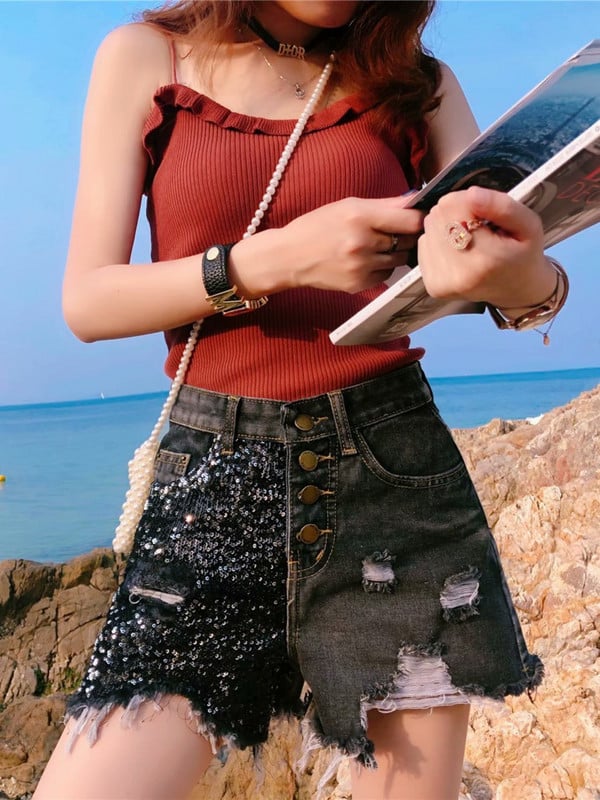 Feynzz 2022 farmer rövidnadrág női nyár új koreai változat karcsúsított flitterek fekete lyuk magas derekú farmer széles szárú nadrág női