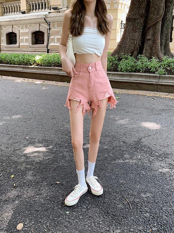 Feynzz 2022 Irregular Design Sense 5XL ružičaste traper kratke hlače s visokim strukom i rupama Ženske ljetne nove debele MM tanke hlače širokih nogavica