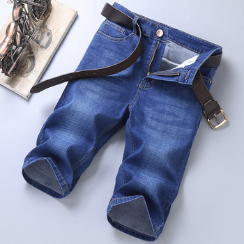 2023 Сини меки дънкови къси панталони за мъже Мъжки летни еластични леки дънкови панталони с дължина до коляното