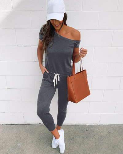 Ženski kombinezoni, seksi kombinezoni s otvorenim ramenima, kratkim rukavima s uzicom do struka, do gležnja, crno-sivi jesenski kombinezon s džepovima, ulični