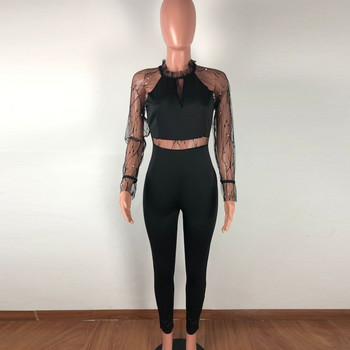 Beading Mesh Sheer2019 Νέα σέξι ολόσωμη φόρμα Bodycon Γυναικεία ρούχα Μαύρα Κόκκινα μακρυμάνικα One Piece Rompers Playsuits Club Ολόσωμες φόρμες