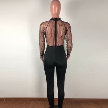 Beading Mesh Sheer2019 Νέα σέξι ολόσωμη φόρμα Bodycon Γυναικεία ρούχα Μαύρα Κόκκινα μακρυμάνικα One Piece Rompers Playsuits Club Ολόσωμες φόρμες