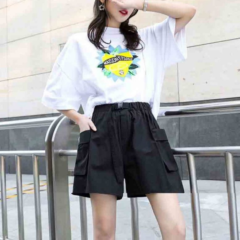 Ženske ležerne Cargo kratke hlače visokog struka Jednobojne široke ravne hlače slatkog elastičnog struka Velikih džepova Sportske kratke hlače