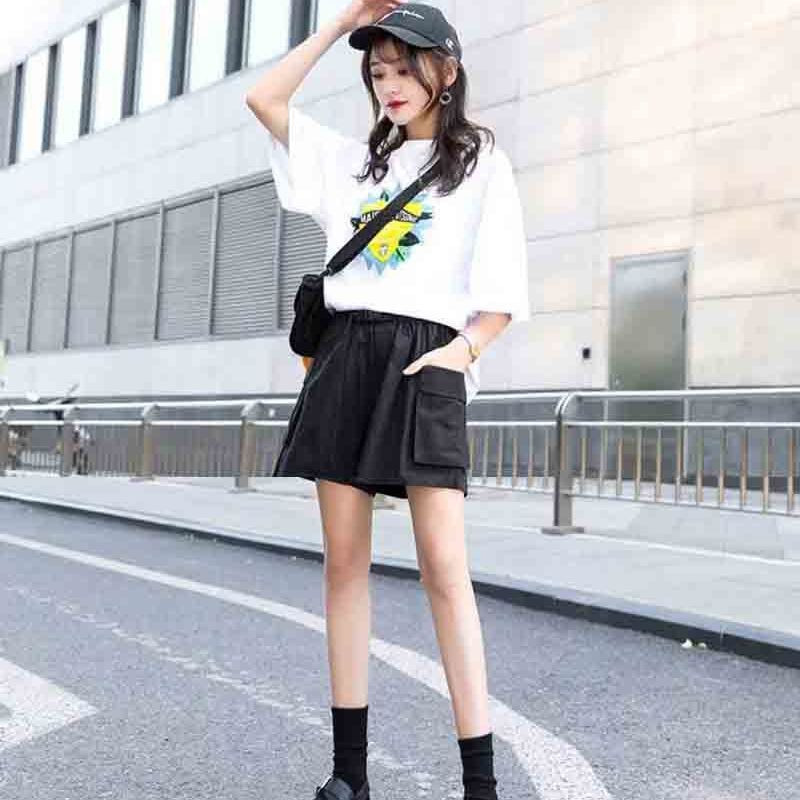 Ženske ležerne Cargo kratke hlače visokog struka Jednobojne široke ravne hlače slatkog elastičnog struka Velikih džepova Sportske kratke hlače