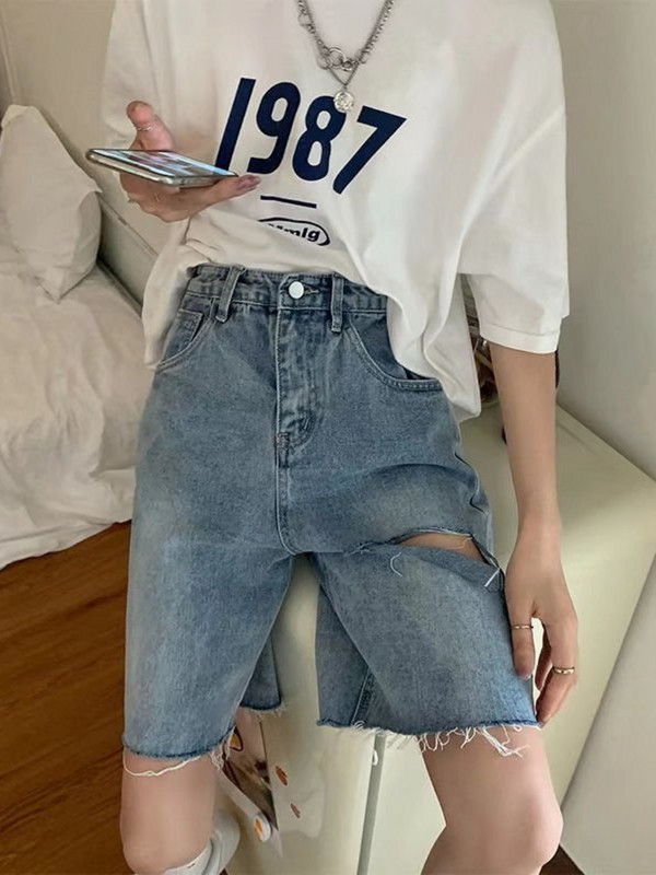 Feynzz's Hot Girl džinsiniai šortai, vasariniai ploni moteriški šortai aukštu juosmeniu, laisvi ir ploni, tiesūs, platūs penkių taškų kelnės.