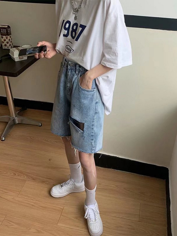 Feynzz's Hot Girl džinsiniai šortai, vasariniai ploni moteriški šortai aukštu juosmeniu, laisvi ir ploni, tiesūs, platūs penkių taškų kelnės.