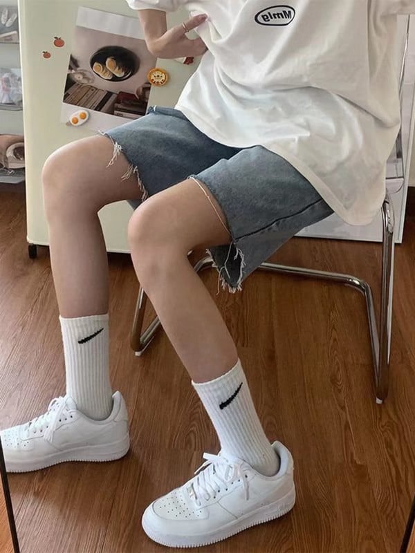 Feynzz's Hot Girl džinsiniai šortai, vasariniai ploni moteriški šortai aukštu juosmeniu, laisvi ir ploni, tiesūs, platūs penkių taškų kelnės.