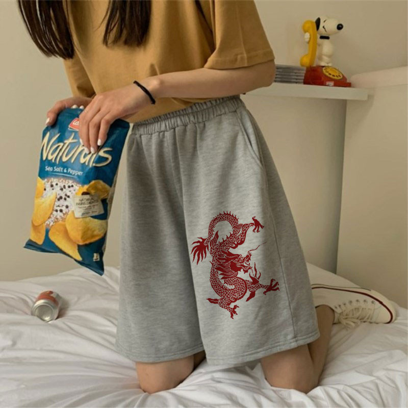 Pantaloni scurți sport pentru femei 2021, vară, ciclism, alergare, fitness, talie înaltă, pantaloni cu buzunare laterale, pantaloni de gimnastică cu imprimeu dragon