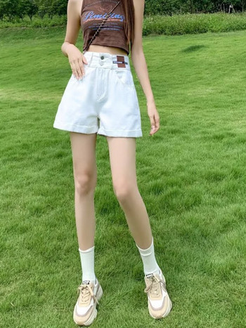 Feynzz ψηλόμεσο τζιν σορτς γυναικείο φαρδύ καλοκαίρι 2022 Νέο μοντέρνο έντονο λευκό δίχτυ Κόκκινο καυτό λεπτό καυτό παντελόνι