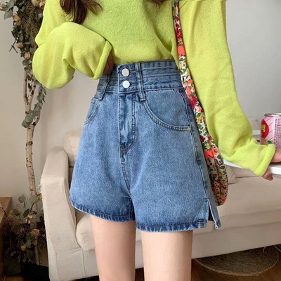 Feynzz Fashion New Summer Women High Waist Button Wigh Jeans Shorts Ежедневни женски широки сини дънкови шорти