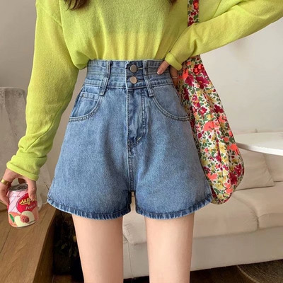 Feynzz Fashion Noua vară pentru femei cu talie înaltă, cu nasturi, blugi, pantaloni scurți, ocazional, pentru femei, pantaloni scurți albastru din denim