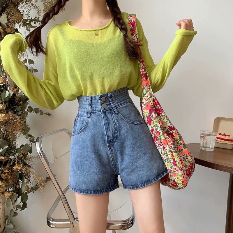 Feynzz Fashion Noua vară pentru femei cu talie înaltă, cu nasturi, blugi, pantaloni scurți, ocazional, pentru femei, pantaloni scurți albastru din denim
