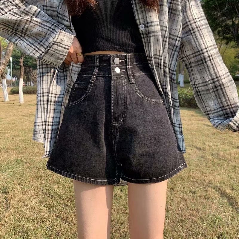 Feynzz Fashion Noua vară pentru femei cu talie înaltă, cu nasturi, blugi, pantaloni scurți, ocazional, pentru femei, pantaloni scurți albastru din denim