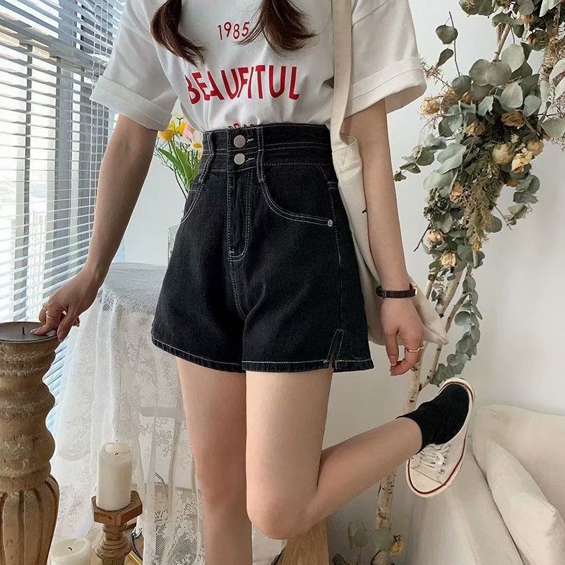 Feynzz Fashion Noua vară pentru femei cu talie înaltă, cu nasturi, blugi, pantaloni scurți, ocazional, pentru femei, pantaloni scurți albastru din denim