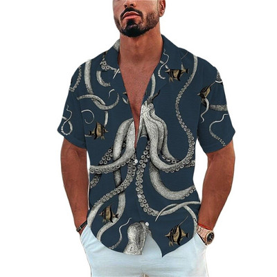 Férfi ing Tengeri élet nyomott pólók Beach Vacation Style Hawaii ing divat hajtóka egysoros szabadidő rövid ujjú felsők