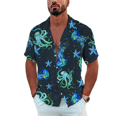Férfi ing Tengeri élet nyomott pólók Beach Vacation Style Hawaii ing divat hajtóka egysoros szabadidő rövid ujjú felsők
