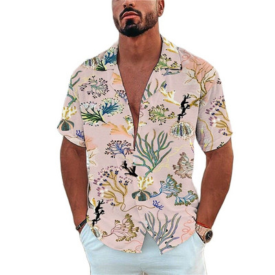 Férfi ing Tengeri élet nyomott pólók Beach Vacation Style Hawaii ing divat hajtóka egysoros szabadidő rövid ujjú felsők