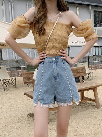 Feynzz Дънки с дантелени шевове Дамски къси панталони с висока талия и тънки универсални широки крачоли Нова корейска версия Модерни шорти с разделен дизайн
