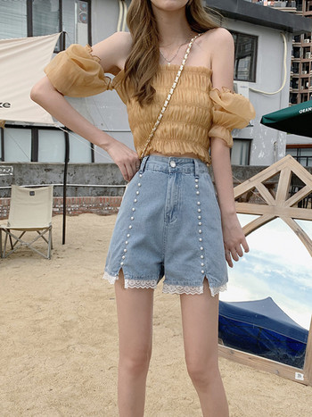 Feynzz Дънки с дантелени шевове Дамски къси панталони с висока талия и тънки универсални широки крачоли Нова корейска версия Модерни шорти с разделен дизайн