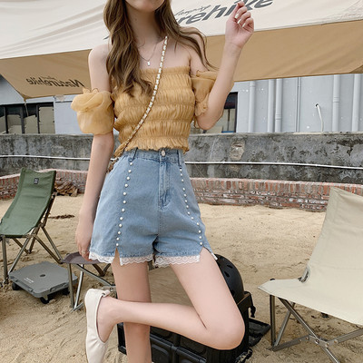 Feynzz Csipke Varrás Farmer Női Magas derekú és Vékony, széles szárú Nyári Új koreai Változat Osztott kivitelű rövidnadrág Divatos