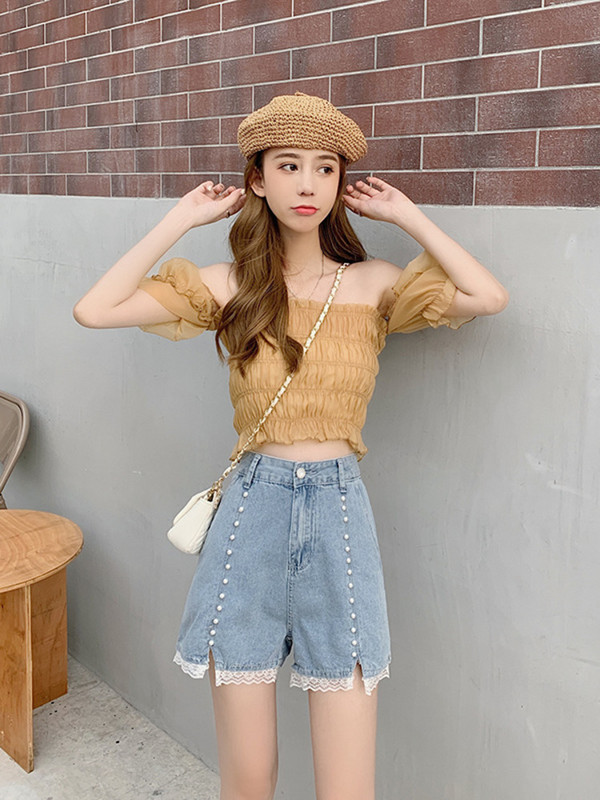 Feynzz Csipke Varrás Farmer Női Magas derekú és Vékony, széles szárú Nyári Új koreai Változat Osztott kivitelű rövidnadrág Divatos