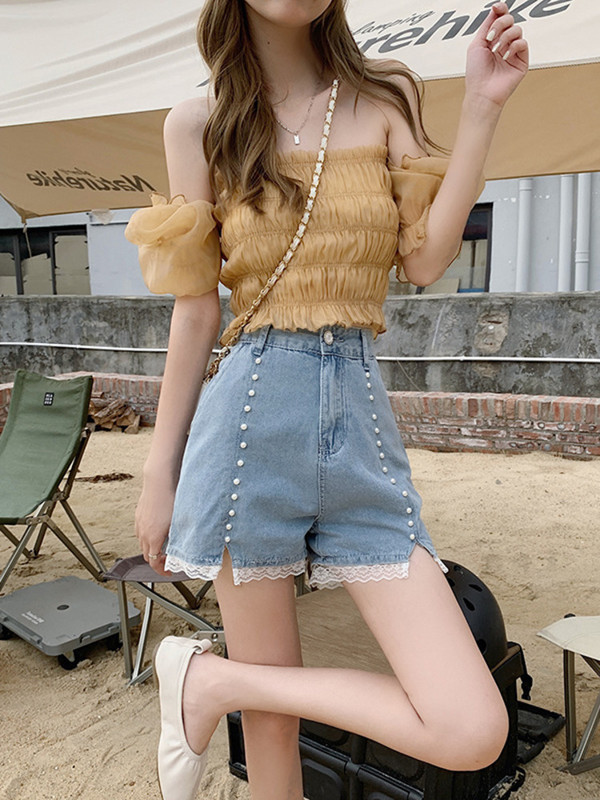 Feynzz Csipke Varrás Farmer Női Magas derekú és Vékony, széles szárú Nyári Új koreai Változat Osztott kivitelű rövidnadrág Divatos
