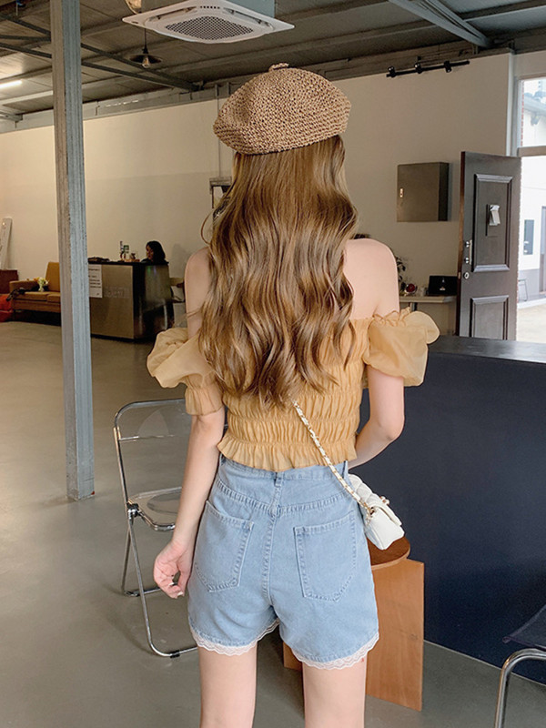 Feynzz Csipke Varrás Farmer Női Magas derekú és Vékony, széles szárú Nyári Új koreai Változat Osztott kivitelű rövidnadrág Divatos