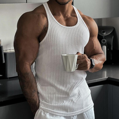Muški prsluk Nova ljetna brzosušeća rastezljiva odjeća za fitness Trening za trčanje u teretani Tanka modna sportska odjeća s okomitim prugama bez rukava