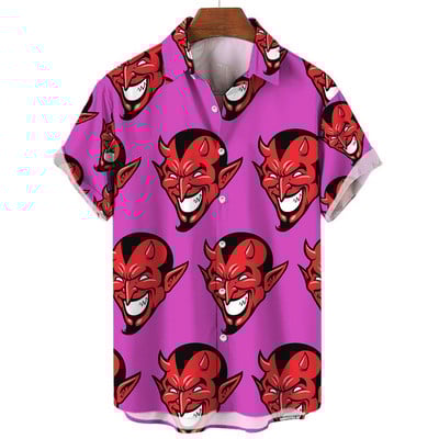 Hawaii férfi ing Kubai gallérral Devil Print Férfi ing divatos Utcai ruházat nyári rövid ujjú felső Divatos új férfi ruházat