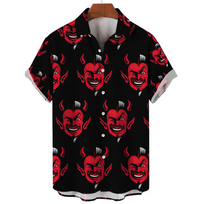 Hawaii férfi ing Kubai gallérral Devil Print Férfi ing divatos Utcai ruházat nyári rövid ujjú felső Divatos új férfi ruházat