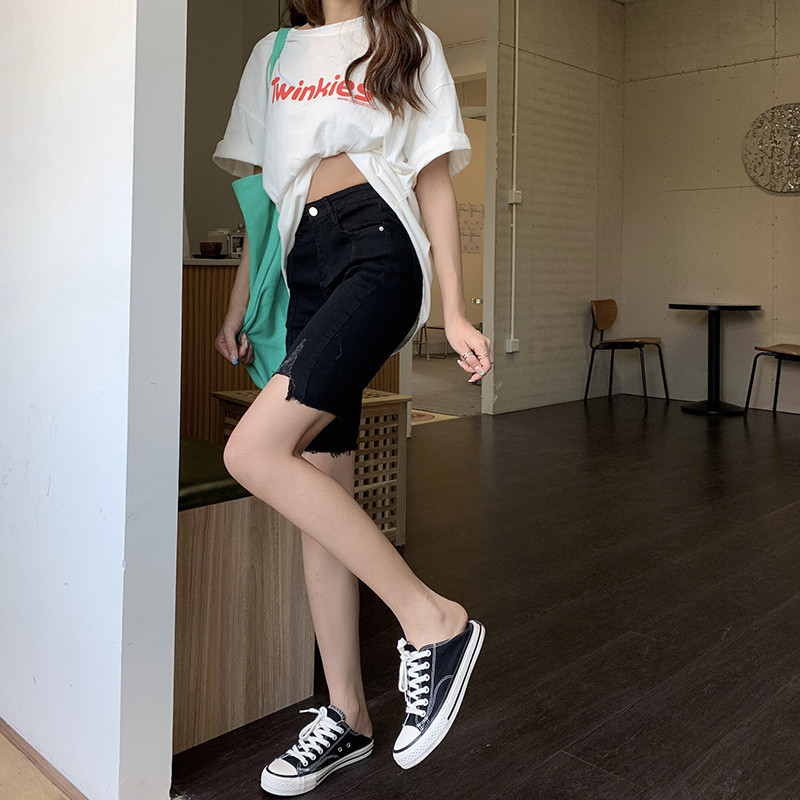 Feynzz 2022 Traper hlače s pet točaka visokog struka Ženske pohabane kratke hlače ravnih nogavica Ljetne uske elastične tanke jahaće hlače u trendu