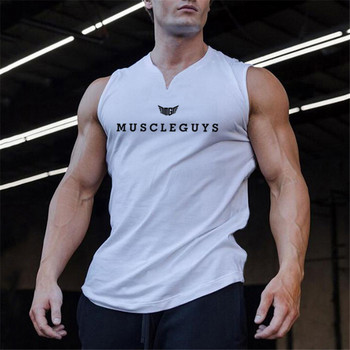 Фитнес облекло с V-образно деколте на марката Muscleguys Компресионна риза без ръкави Фитнес мъжки потник Памучен потник за бодибилдинг Тренировъчна жилетка