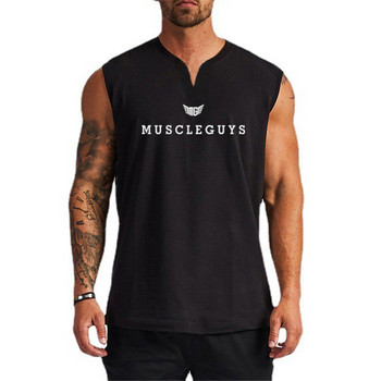 Фитнес облекло с V-образно деколте на марката Muscleguys Компресионна риза без ръкави Фитнес мъжки потник Памучен потник за бодибилдинг Тренировъчна жилетка