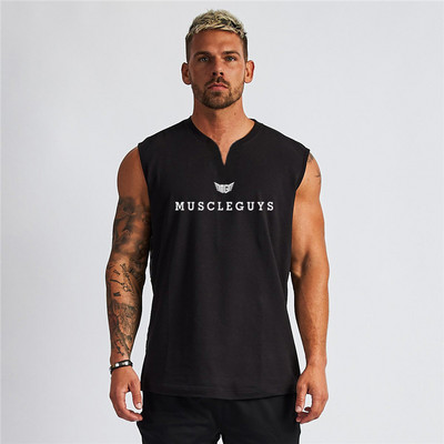Značkové oblečenie do posilňovne Muscleguys, kompresné tričko bez rukávov s výstrihom do V, fitness, pánske tielko, bavlnené tielko na kulturistiku, cvičenie