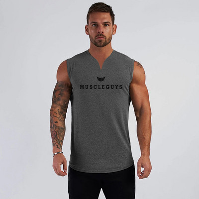 Značkové oblečenie do posilňovne Muscleguys, kompresné tričko bez rukávov s výstrihom do V, fitness, pánske tielko, bavlnené tielko na kulturistiku, cvičenie