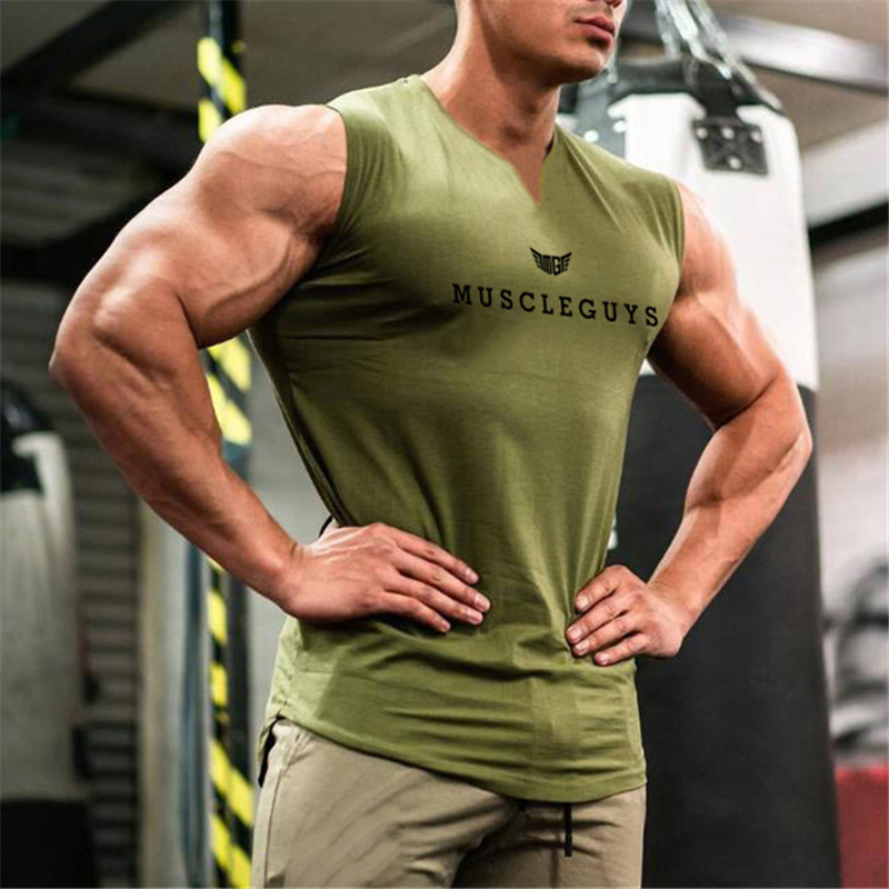 Značkové oblečenie do posilňovne Muscleguys, kompresné tričko bez rukávov s výstrihom do V, fitness, pánske tielko, bavlnené tielko na kulturistiku, cvičenie