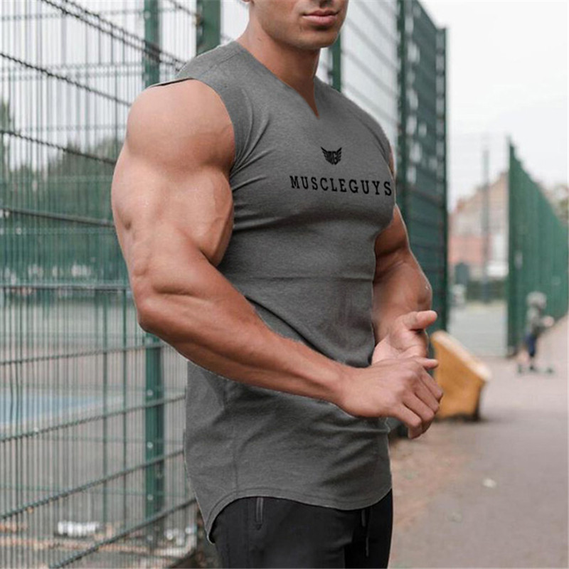 Značkové oblečenie do posilňovne Muscleguys, kompresné tričko bez rukávov s výstrihom do V, fitness, pánske tielko, bavlnené tielko na kulturistiku, cvičenie