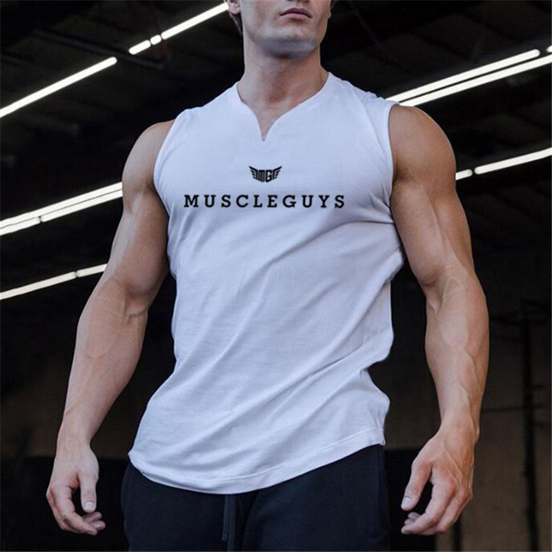 Značkové oblečenie do posilňovne Muscleguys, kompresné tričko bez rukávov s výstrihom do V, fitness, pánske tielko, bavlnené tielko na kulturistiku, cvičenie