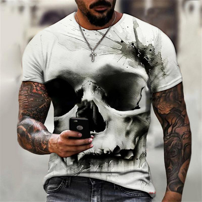 Juodi kaukolės marškinėliai Vyriški „Punk Skeleton“ marškinėliai „Rock Gun“ mėlyni marškinėliai 3D spausdinimu marškinėliai Vintažiniai gotikiniai vyriški drabužiai vasariniai viršutiniai drabužiai