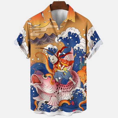 2022 3d Myth Retro Animal Cămăși hawaiene pentru bărbați Cămașă pentru bărbați cu rever Cămăși de vară Lionfish Dragon Print Mânecă scurtă largi Mărime UE