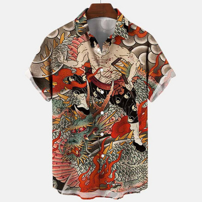 2022 3d Myth Retro Animal Cămăși hawaiene pentru bărbați Cămașă pentru bărbați cu rever Cămăși de vară Lionfish Dragon Print Mânecă scurtă largi Mărime UE