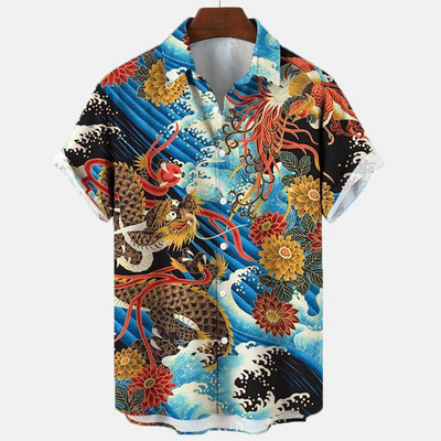 2022 3d Myth Retro Animal Cămăși hawaiene pentru bărbați Cămașă pentru bărbați cu rever Cămăși de vară Lionfish Dragon Print Mânecă scurtă largi Mărime UE